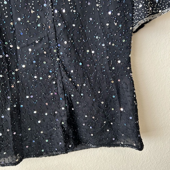 Black Beaded Top Short Sleeve Silver Sequins Bead Trim  Vintage Size Petite PP - Picture 11 of 13